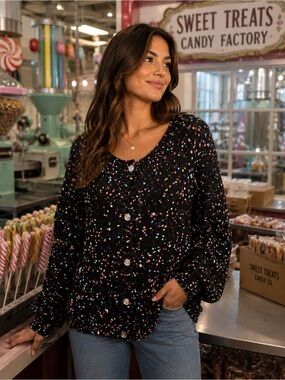 Boutique Black Cardigan with Colorful Speckles
New without tag